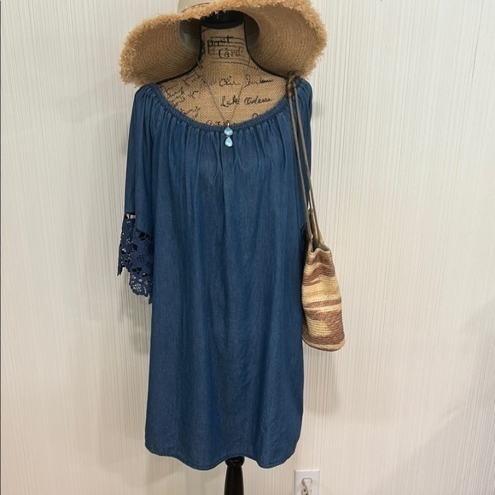 Blue Midi Dress with Off-Shoulder Bell Sleeves